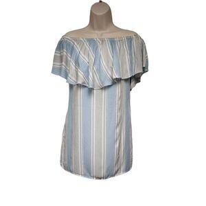 WAYF Women's Size S Blue and White Stripe Side Pocket Cold Shoulder Mini…